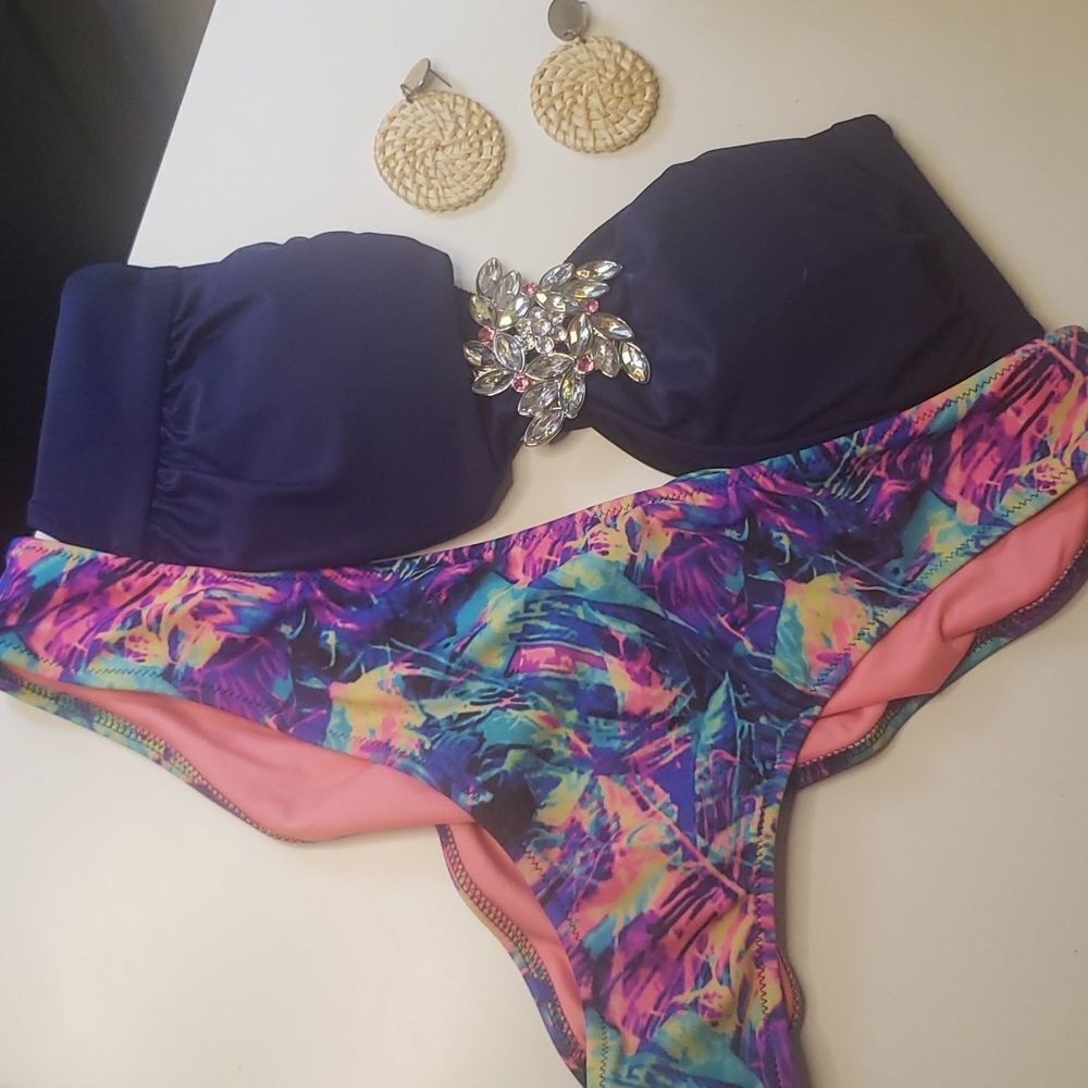 Victorias Secret Bandeau Jeweled Top and Brazilian Scrunch Bottoms